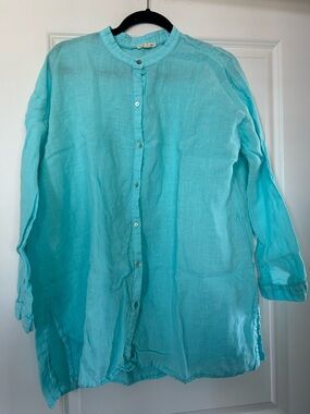 Eileen Fisher 100% Organic Linen Long Sleeve Button Front Shirt Top